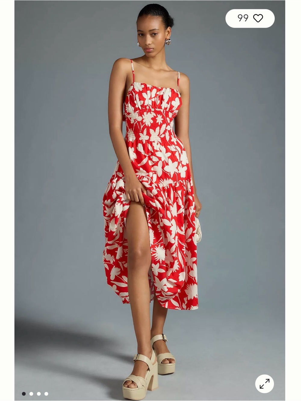 Moon River Red & White Floral Smocked Midi Dress